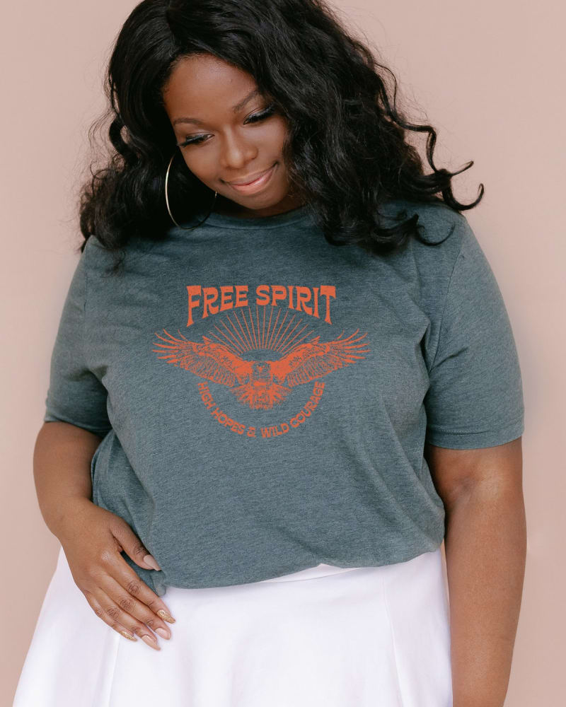 Front of a model wearing a size 2XL Free Spirit Distressed Eagle in Forest by Simply Sage Market. | dia_product_style_image_id:281678